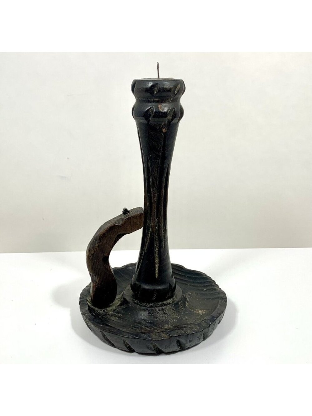 VTG Brutalist Taper Candlestick Holder Carved Wood w/ Handle SPAIN 11”